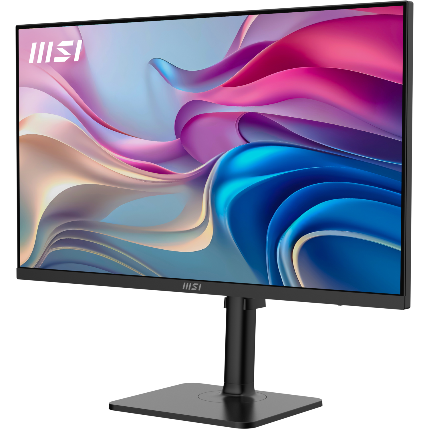 Een zwarte MSI-monitor toont een kleurrijke abstracte achtergrond van roze, blauwe en beige wervelingen. De monitor staat op een zwarte standaard.