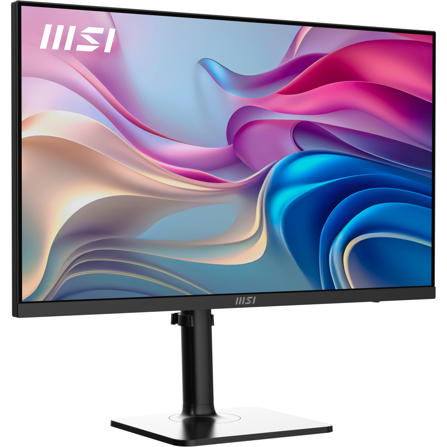 Een zwarte MSI-monitor toont een kleurrijke abstracte achtergrond. Hij heeft een standaard. Het MSI-logo is zichtbaar bovenaan.