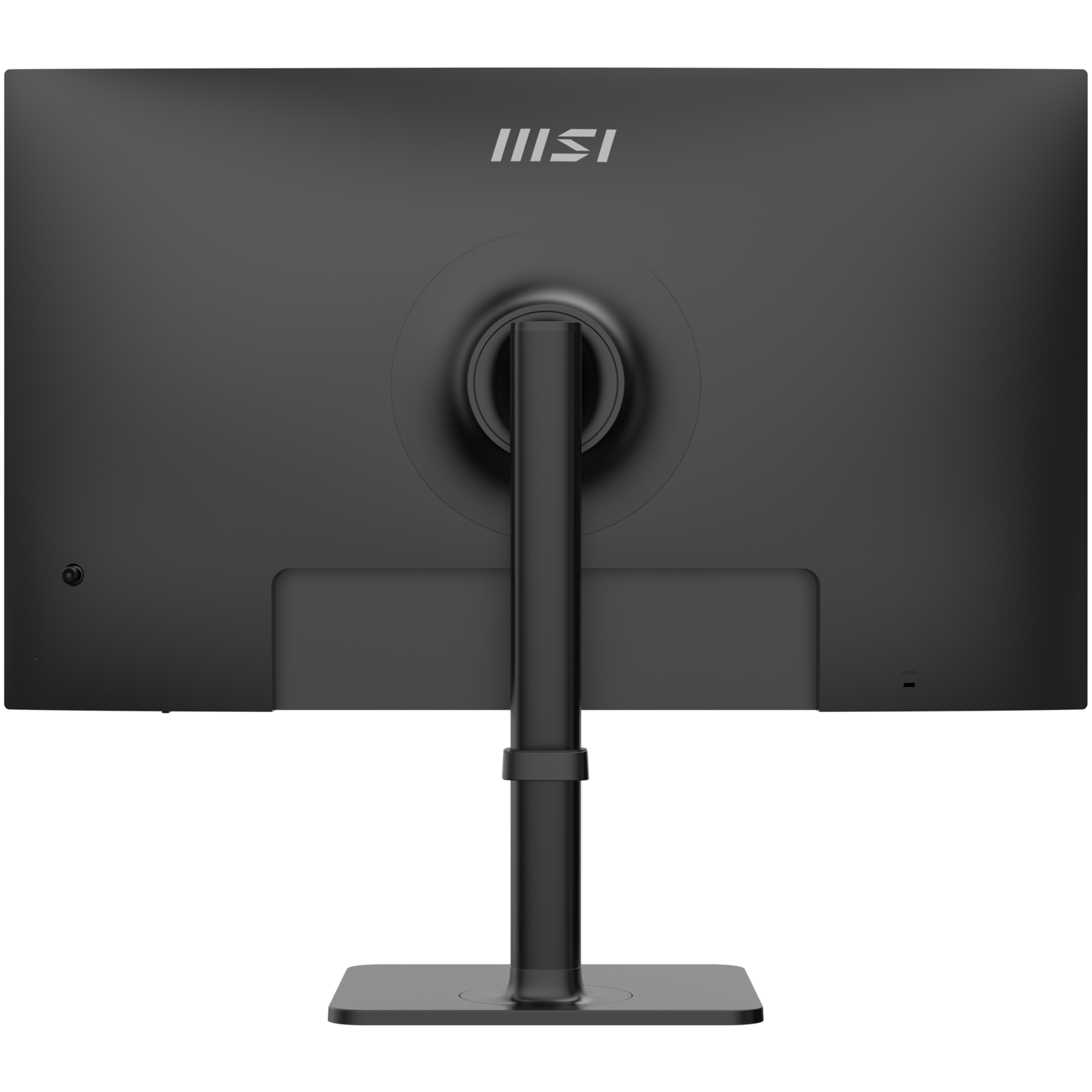 Achterkant van een zwarte MSI-monitor. De monitor staat op een standaard. Het MSI-logo staat bovenaan. Zwarte achtergrond.