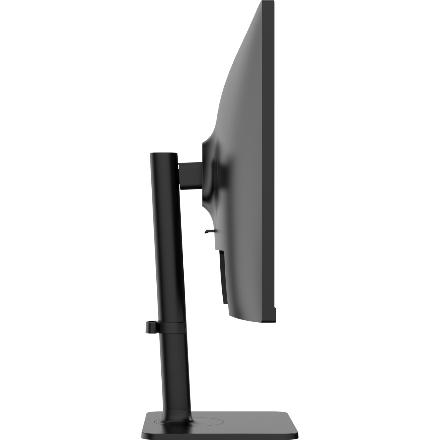 Zijaanzicht van een zwarte computermonitor. Het scherm is dun en rechthoekig, gemonteerd op een zwarte standaard met een vierkante basis.