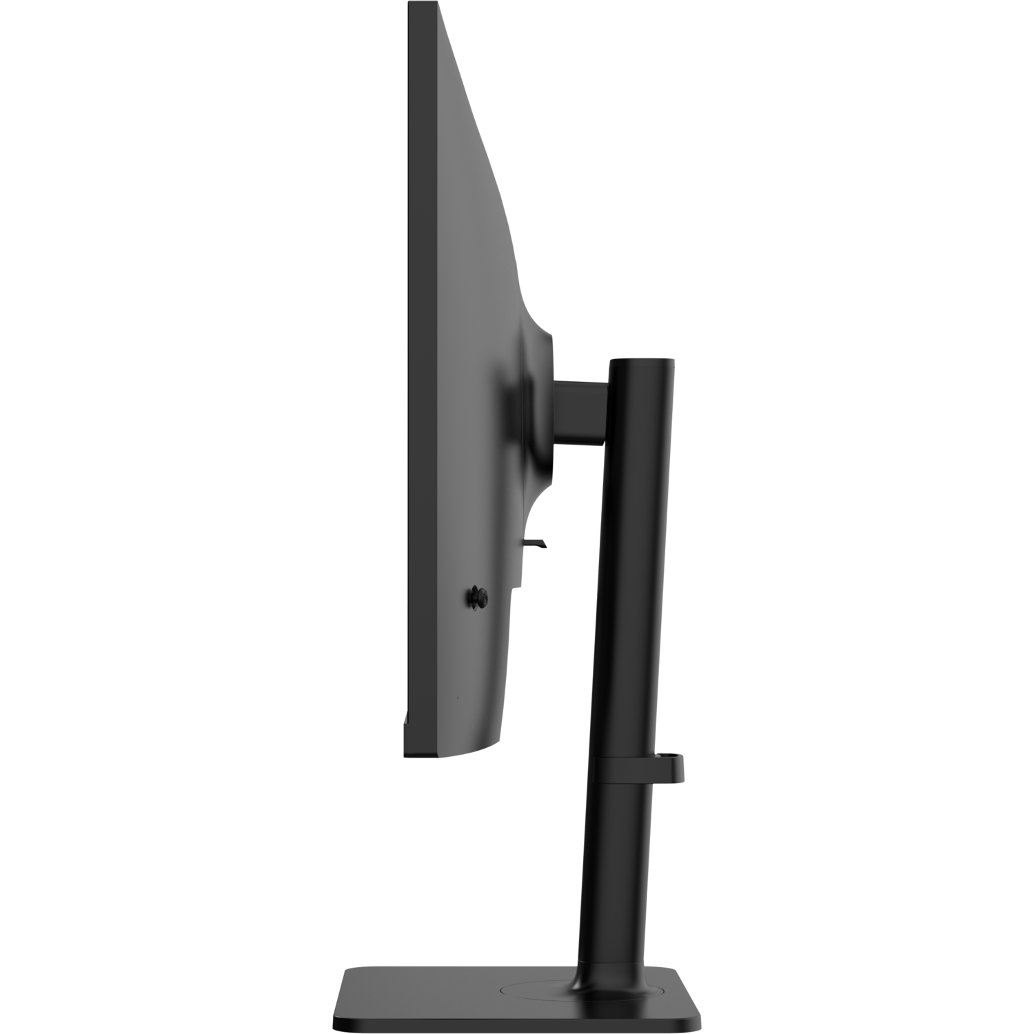 Een zwarte computermonitor, van opzij bekeken, is gemonteerd op een zwarte standaard tegen een zwarte achtergrond.