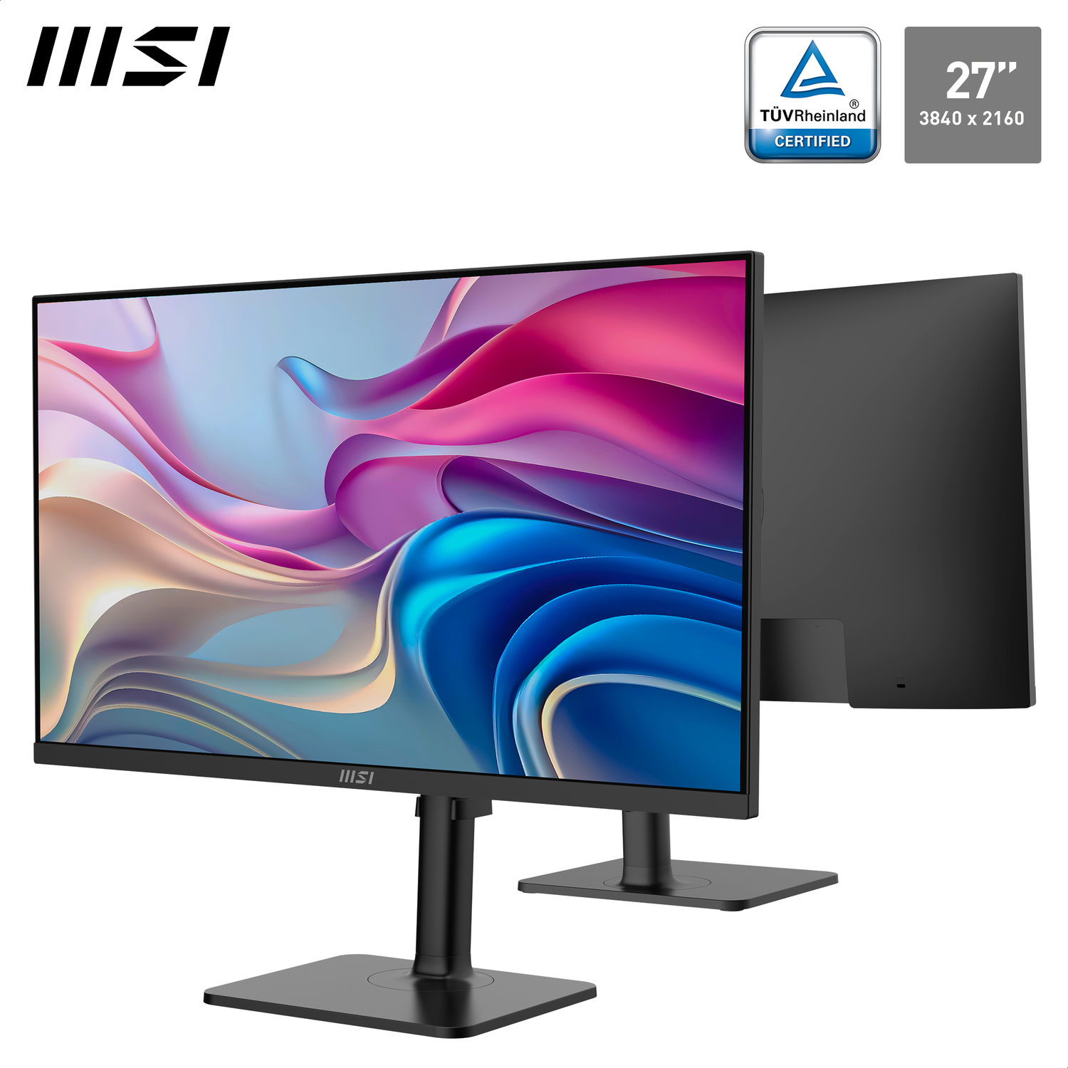 Twee MSI-monitoren. De schermen tonen een kleurrijk abstract ontwerp. Eén monitor staat vooraan, de andere achteraan. Zwarte standaards en basis.