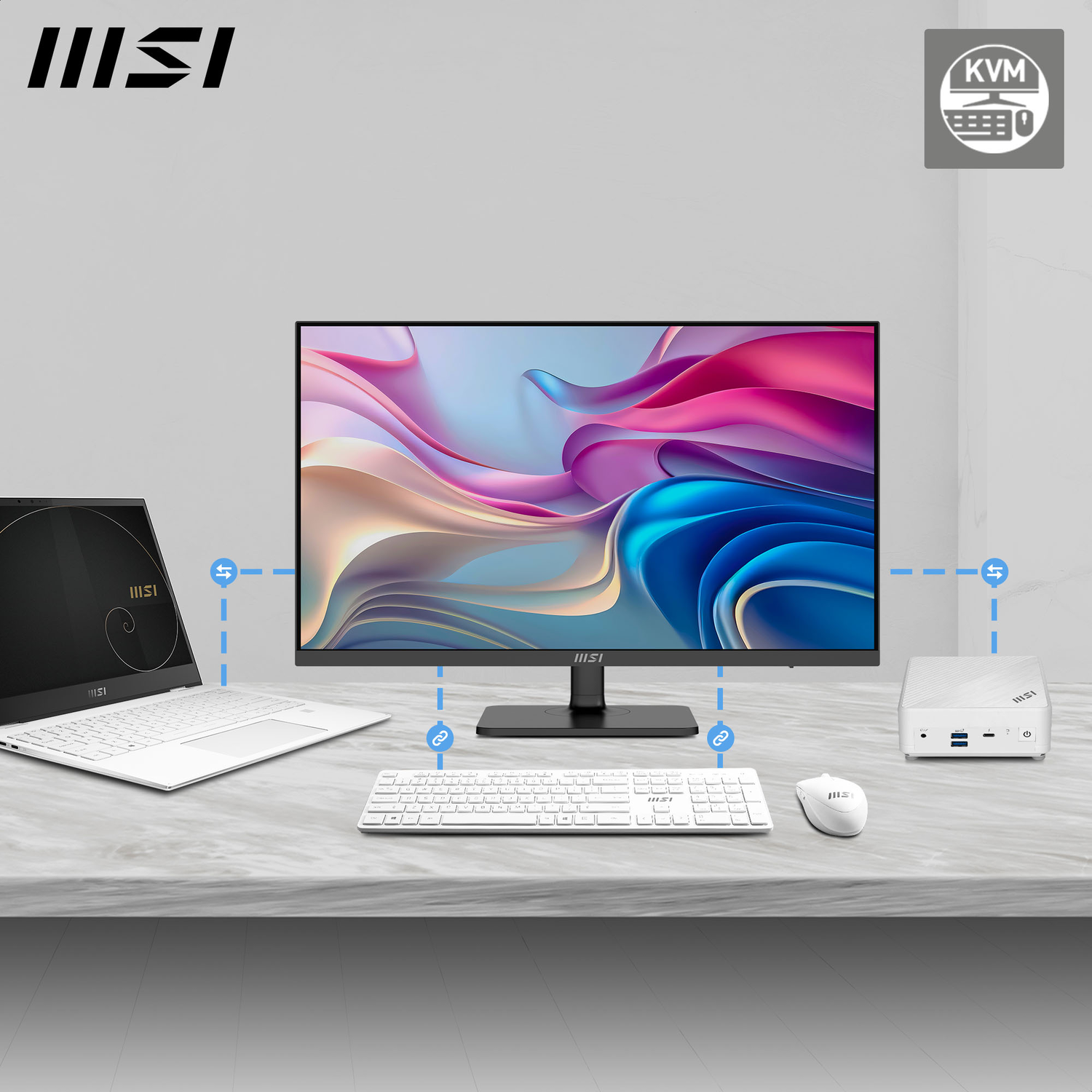 Witte laptop, monitor, muis, toetsenbord en kleine computer op marmeren oppervlak. MSI-logo. KVM-pictogram.