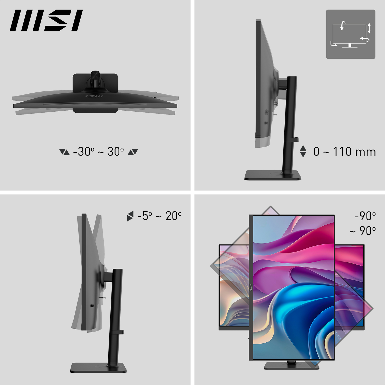 Vier afbeeldingen tonen monitoraanpassingsopties: draaien, hoogte, kantelen en roteren. Displays zijn zwart, met hoekbereiken. MSI-logo aanwezig.