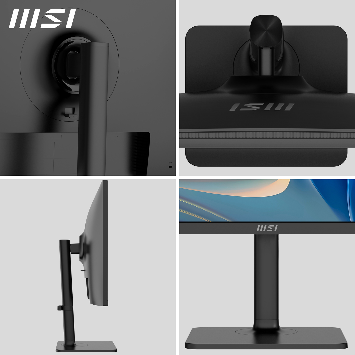 Een zwarte MSI-monitor. Het wordt vanuit meerdere hoeken getoond: voor, achter, zijkant en bovenkant. Het MSI-logo is in elke weergave zichtbaar.