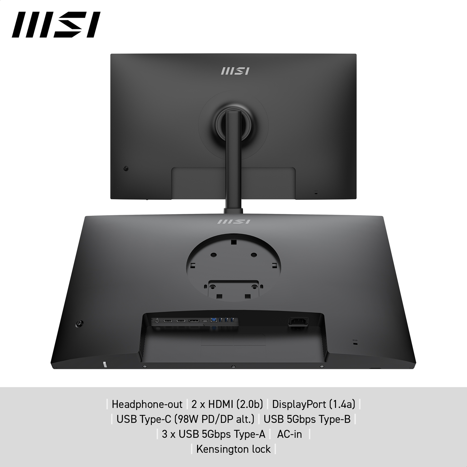 Achteraanzicht van een zwarte MSI-monitor met poorten: HDMI, USB, DisplayPort en stroomingang. MSI-logo bovenaan zichtbaar.