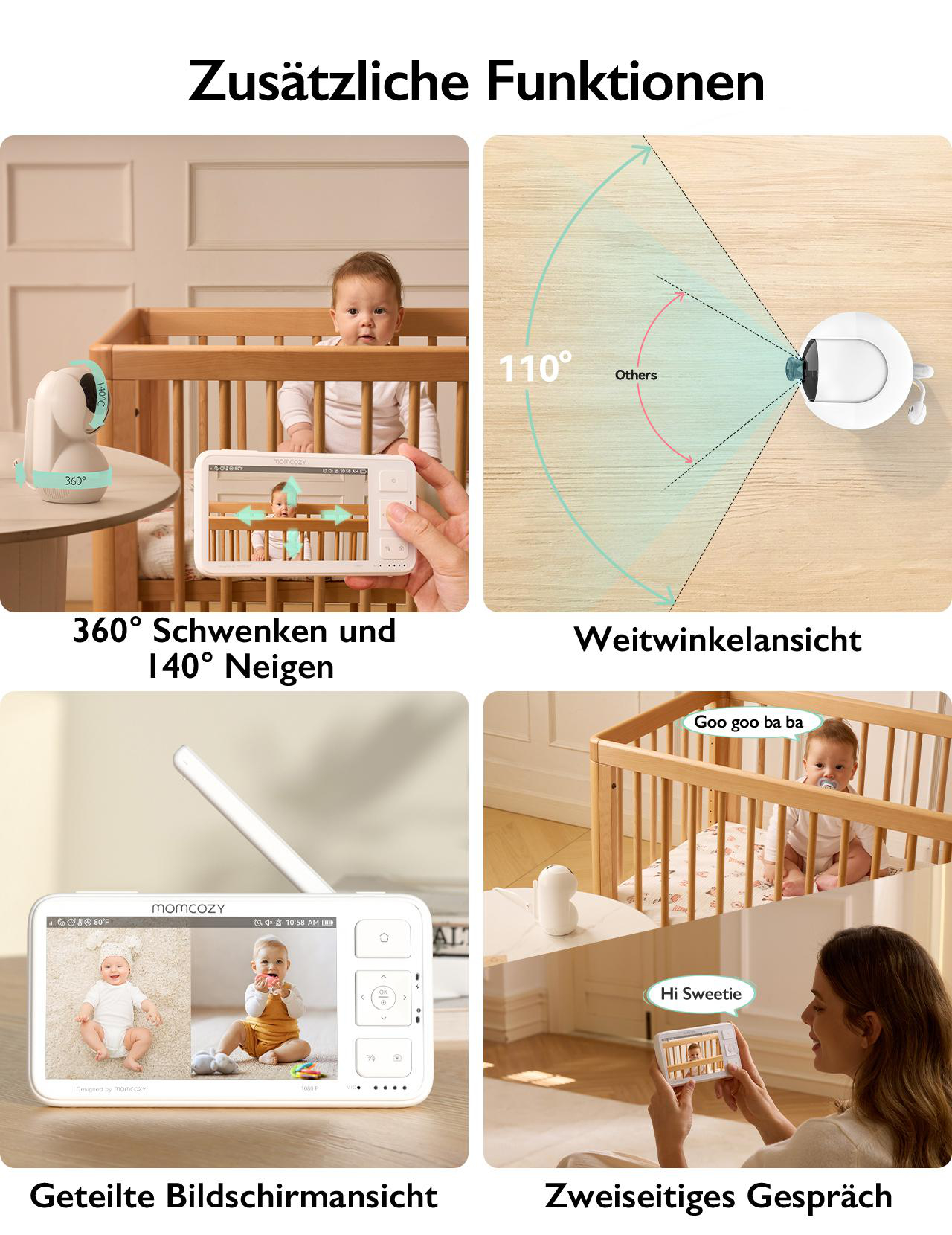 Das Bild zeigt Funktionen eines Baby monitors: 360° Schwenken, 140° Neigung, Weitwinkelansicht, geteilter Bildschirm und Zwei-Wege-Gespräch.