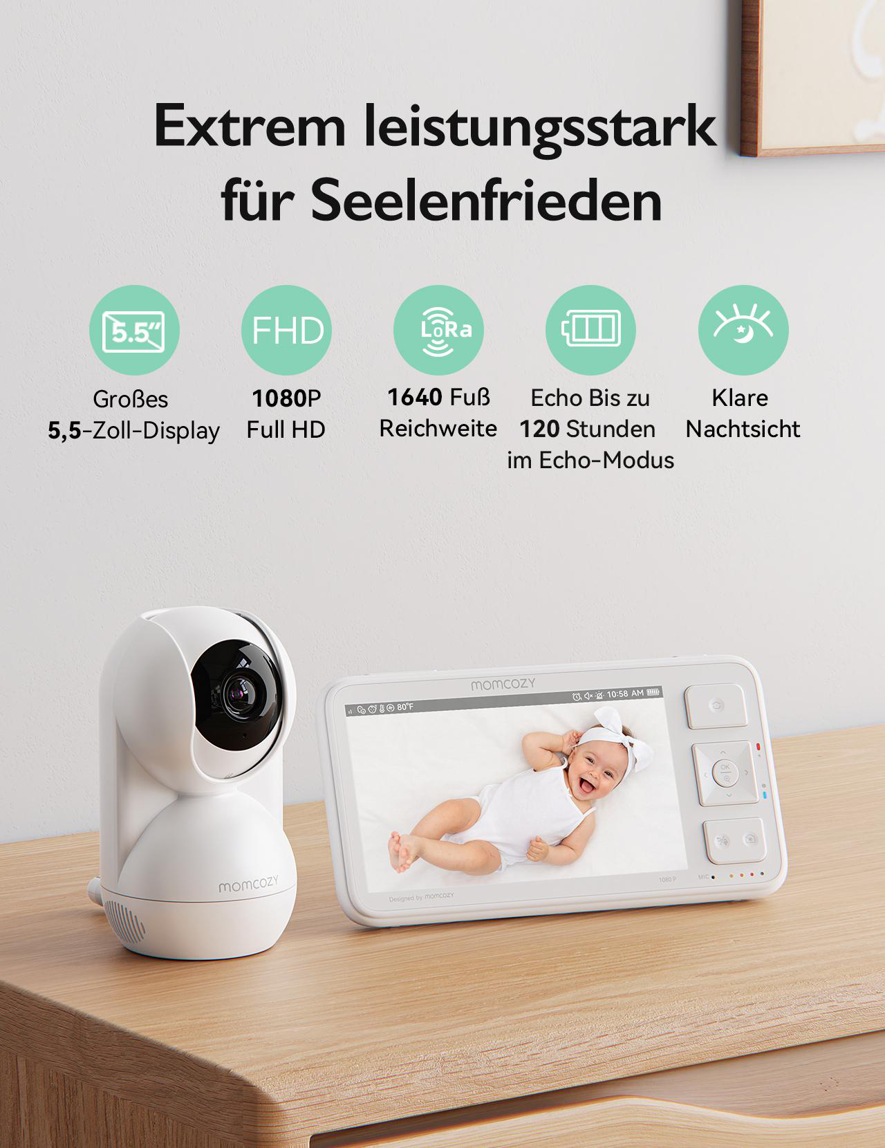 Ein Babyphone zeigt ein Baby auf einem Bildschirm. Links ist eine Kamera. Der Text lautet 1080P, 1640 Fuß Reichweite, 120 Stunden Akku.