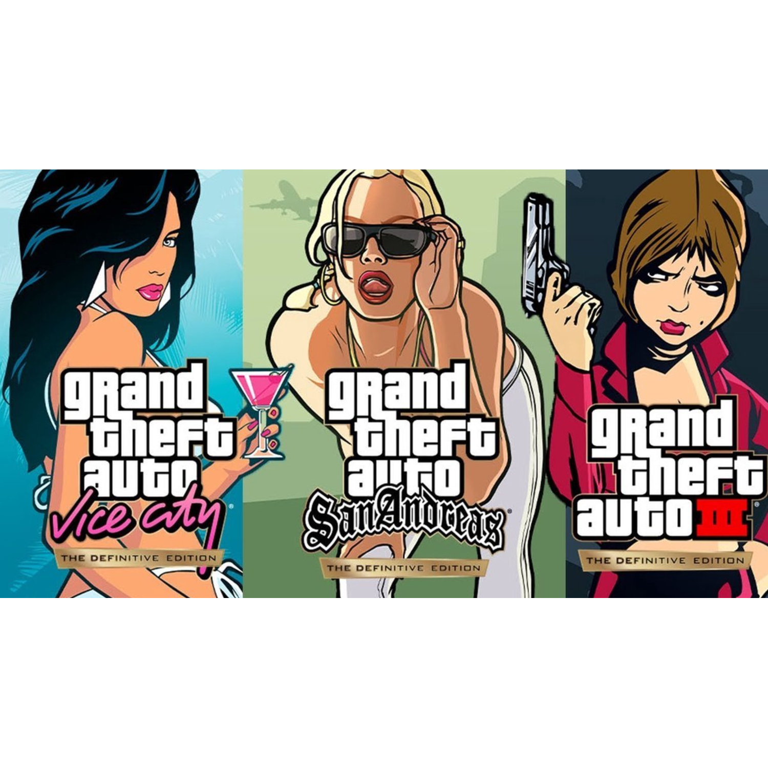 Trois couvertures de jeux Grand Theft Auto : Vice City, San Andreas et III. Chacune présente un personnage féminin et le titre du jeu.
