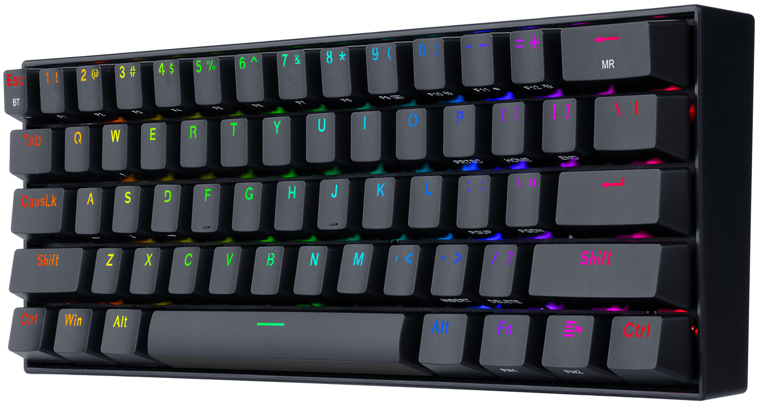 Czarna klawiatura z kolorowymi podświetlanymi klawiszami. Widoczne litery i symbole. Klawiatura ma kompaktowy układ 60%.