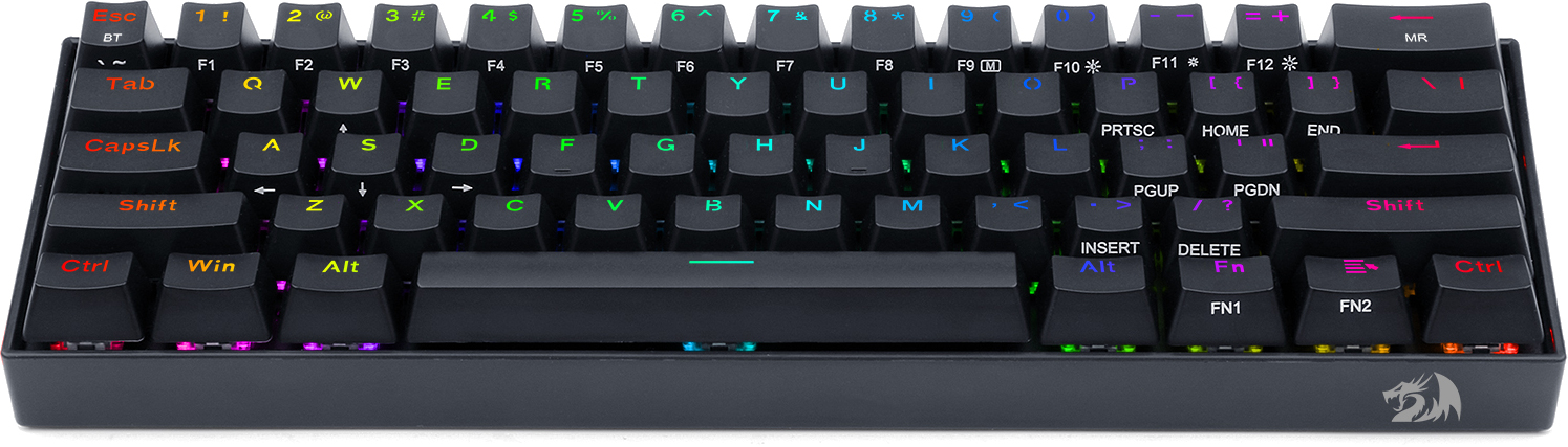 Czarna klawiatura mechaniczna z wielokolorowymi klawiszami, w tym klawisze funkcyjne i znaki specjalne.