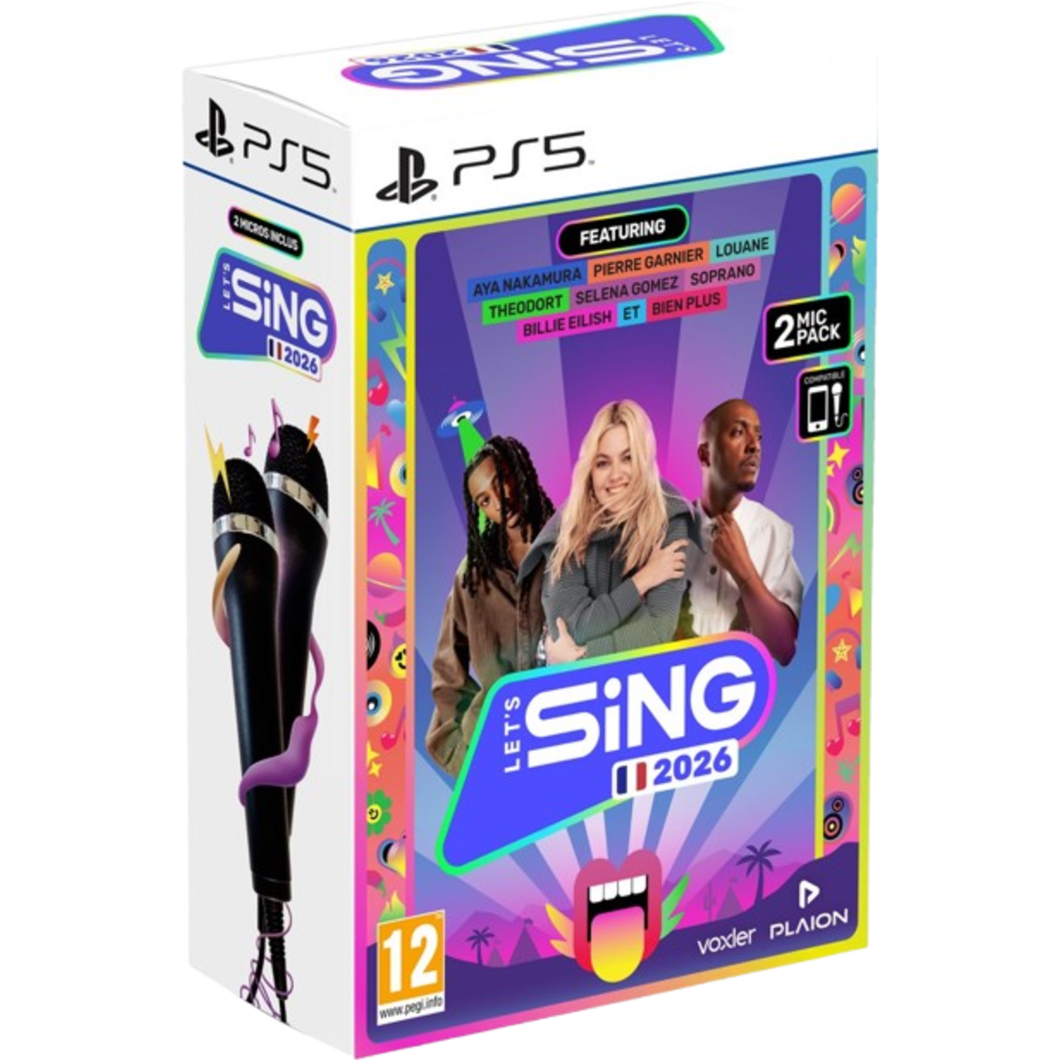 Box art voor Let's Sing 2026 PS5. Toont zangers, bevat twee microfoons. Kleurrijk ontwerp, leeftijd 12. Voxler Plaion logo.