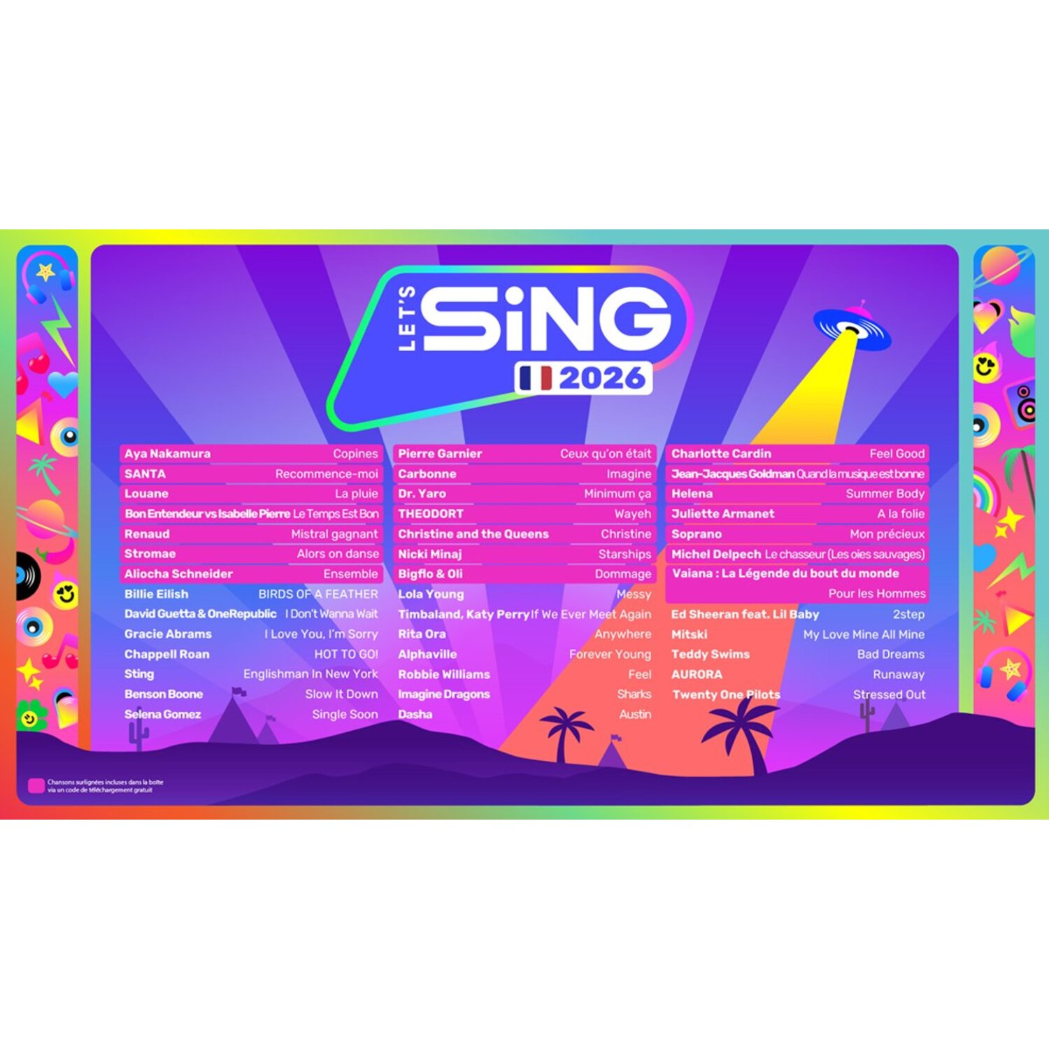 Een kleurrijke poster voor Let's Sing 2026. Met songtitels, artiestennamen, een UFO en het 'SING'-logo.