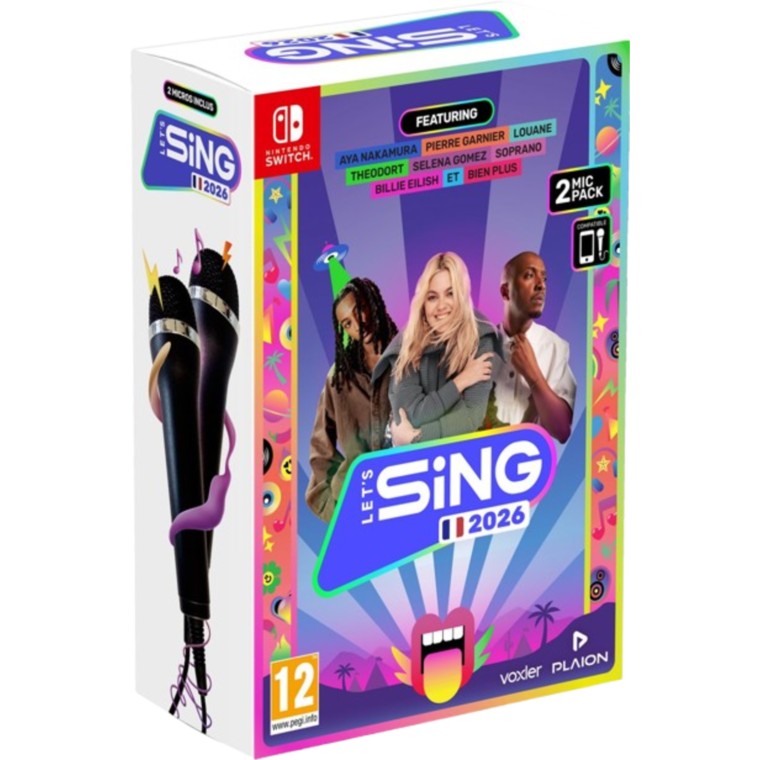 Gamebox voor Let's Sing 2026. Toont de titel, afbeeldingen van artiesten en twee microfoons. Kleurrijk ontwerp met leeftijdsclassificatie.