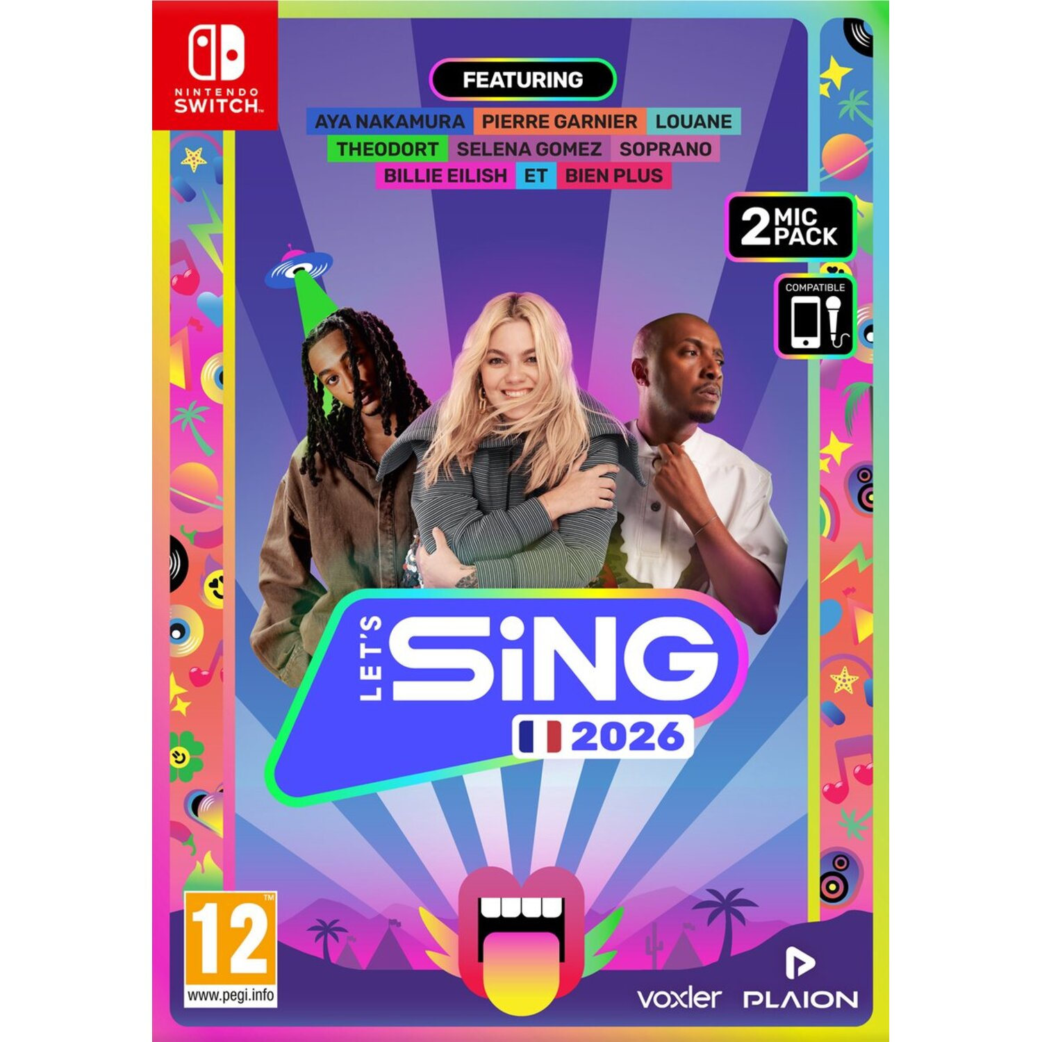 Gamecover met zangers, titel 'Let's Sing 2026' en Nintendo Switch logo. Bevat leeftijdsclassificatie en microfooncompatibiliteit.