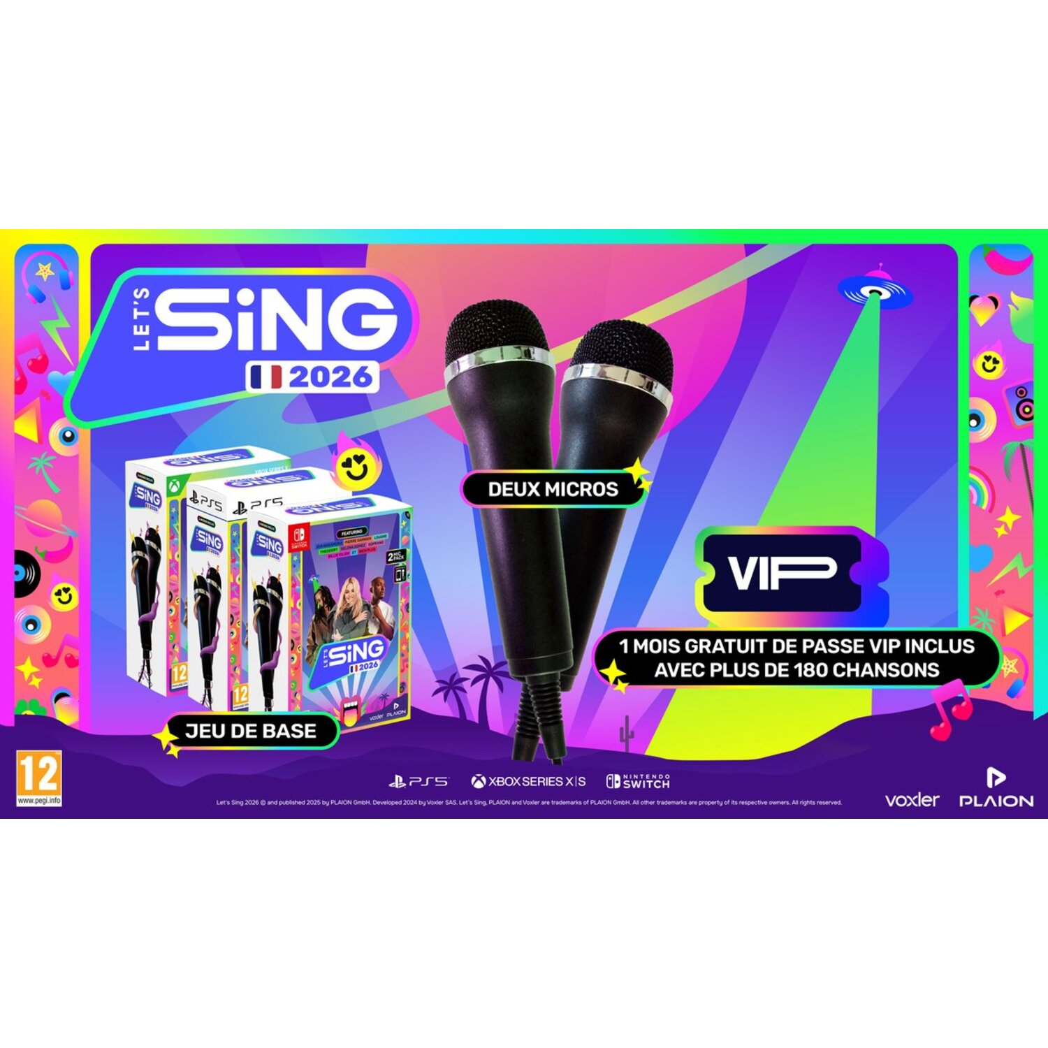 Een advertentie voor het spel Let's Sing 2026. Het bevat gameboxen, microfoons en de VIP-pas aanbieding.