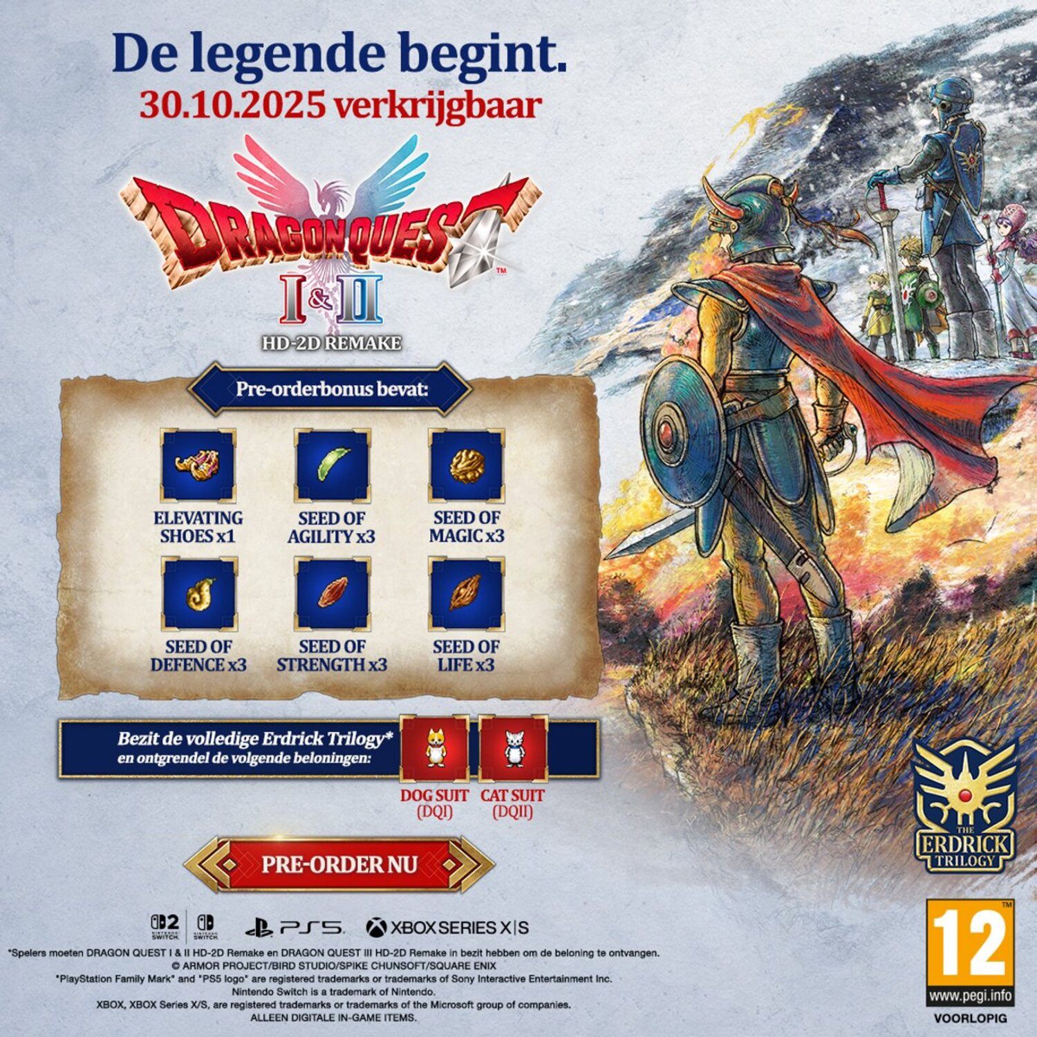 Dragon Quest I & II HD-2D Remake game art. Toont een krijger met zwaard, titel, pre-order bonus en releasedatum.