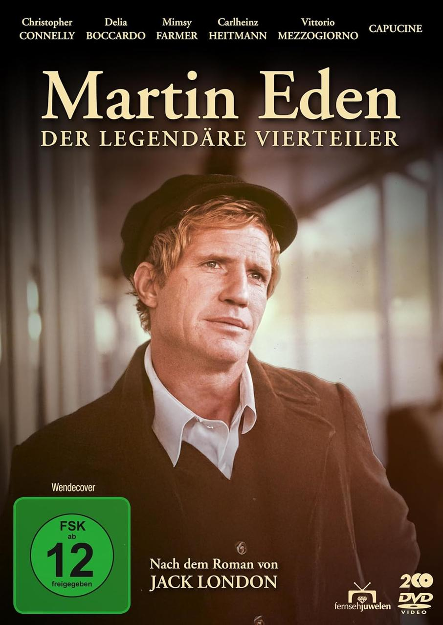Filmposter für "Martin Eden" mit Mann mit Mütze. Text enthält Namen der Schauspieler und Bewertung. Basierend auf Jack Londons Roman.