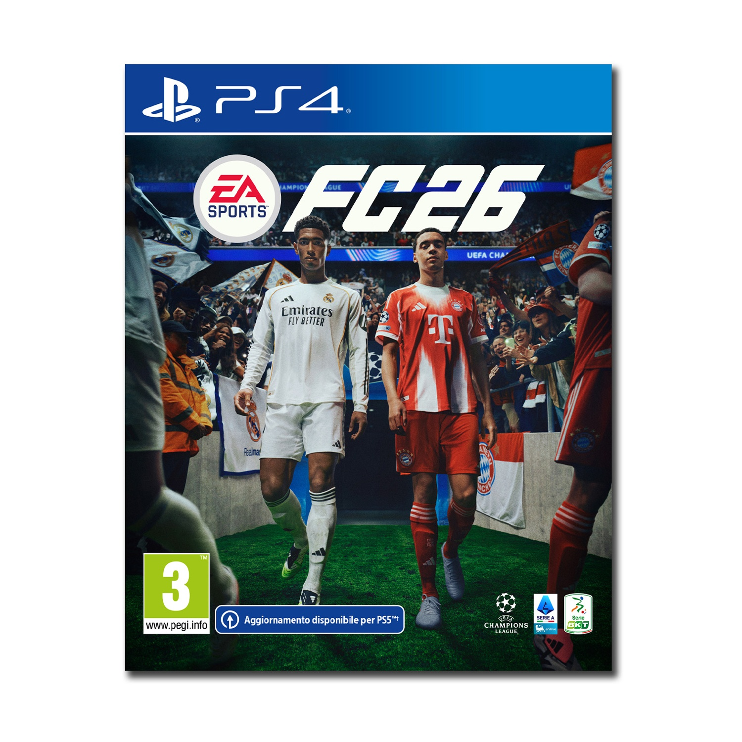 Copertina del gioco EA Sports FC 26. Due giocatori di calcio in maglia escono, folla sullo sfondo. Logo PS4 e valutazioni del gioco visibili.