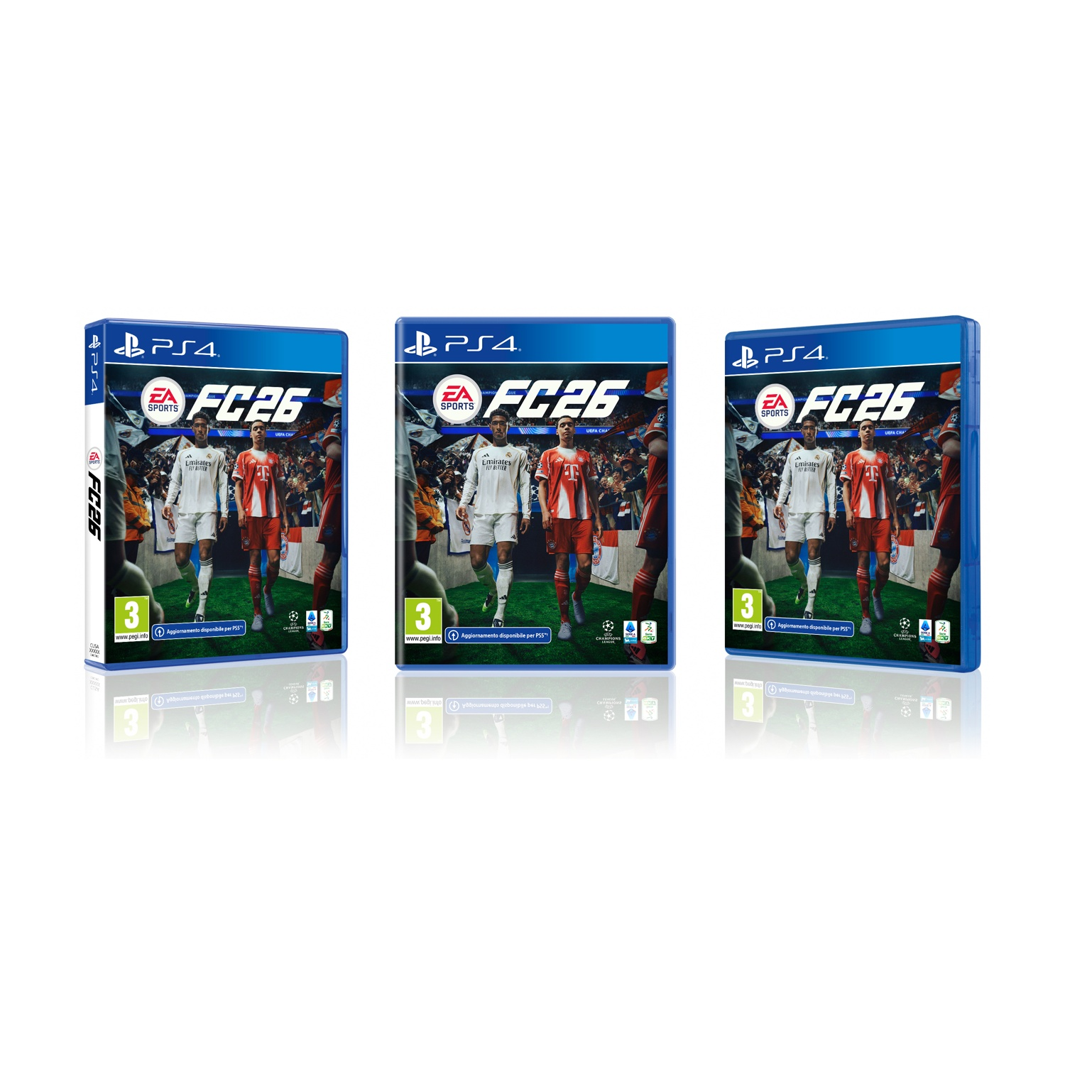 Tre custodie di giochi per PS4 per FC26, con giocatori di calcio. Ogni custodia ha un involucro blu con dettagli e loghi del gioco.
