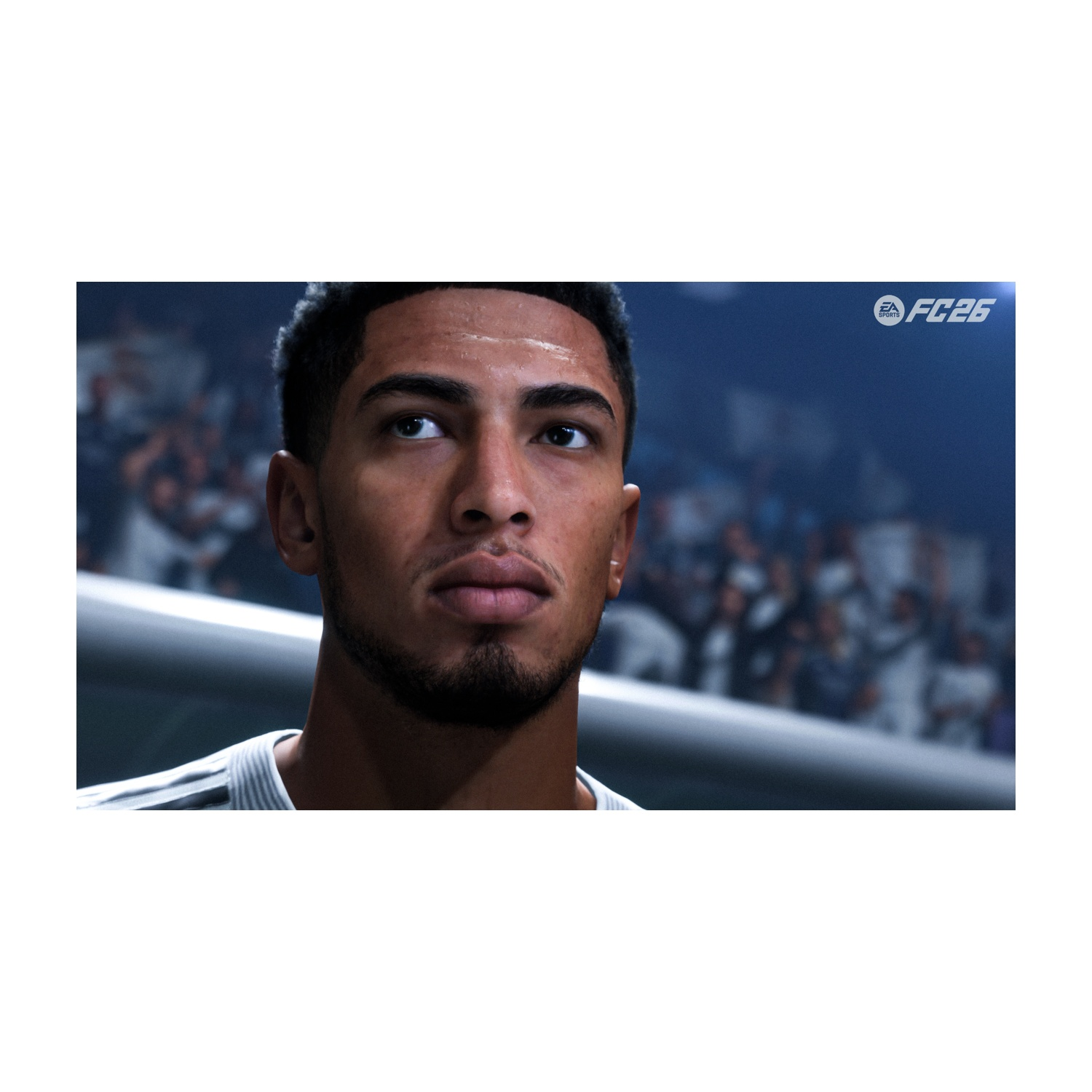 Un calciatore guarda in alto con espressione seria. Lo sfondo mostra spettatori sfocati e il logo EA FC25.