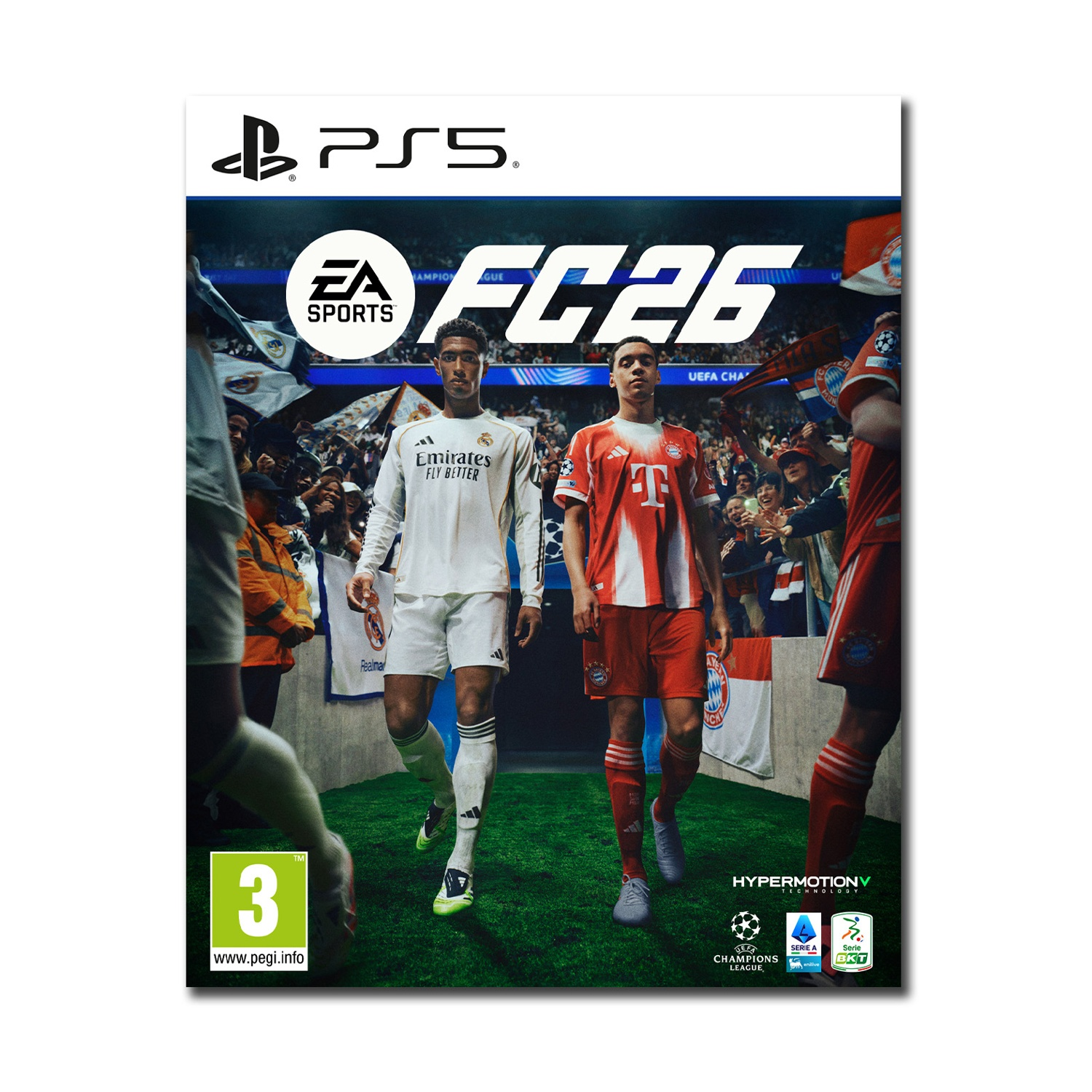 Copertina del gioco FC26. Due calciatori camminano tra la folla. Uno veste di bianco, l'altro di rosso. Logo PS5 e info del gioco in alto.