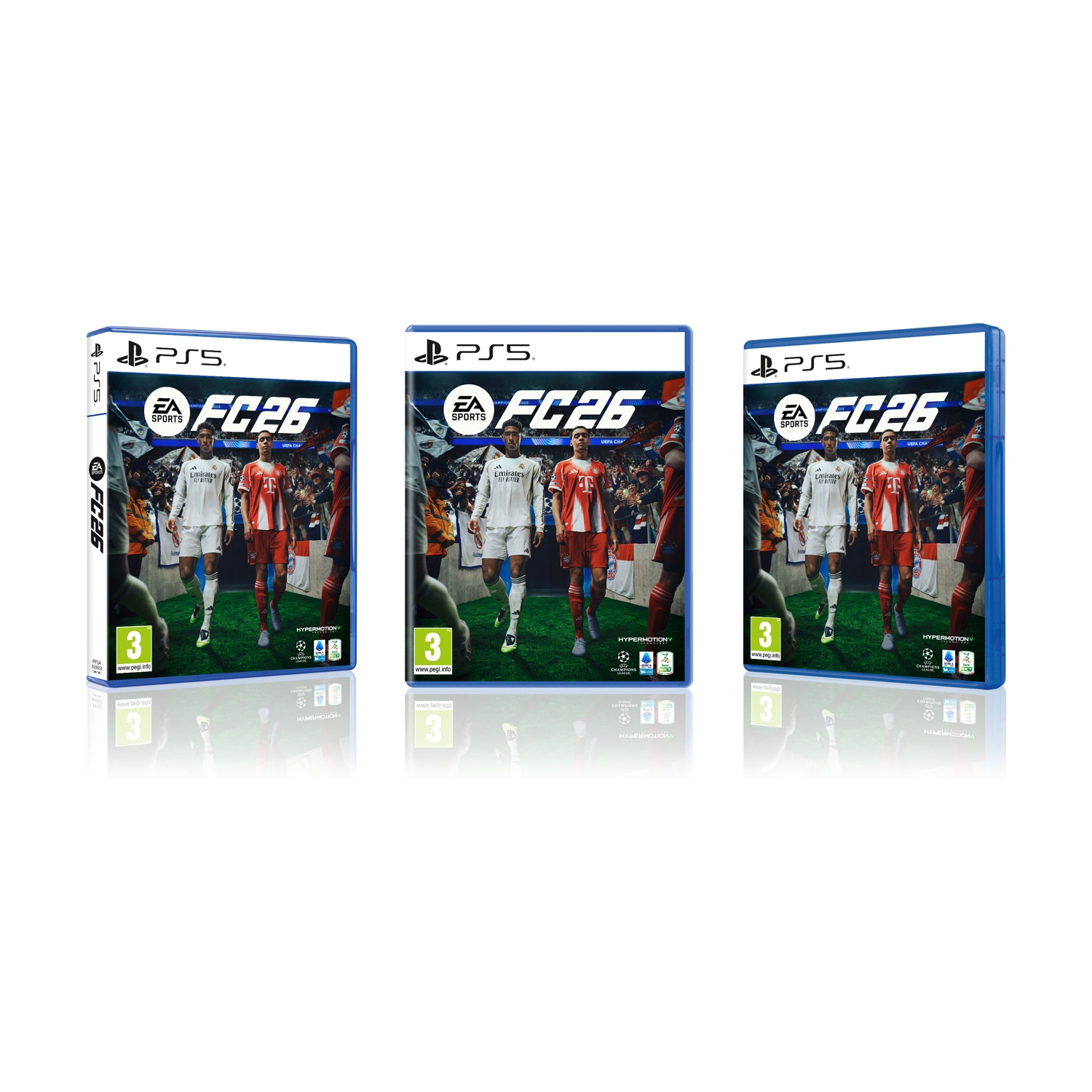 Tre custodie per giochi PS5 per EA FC26. Ognuna mostra giocatori di calcio in divise bianche e rosse, con il titolo e i loghi del gioco.