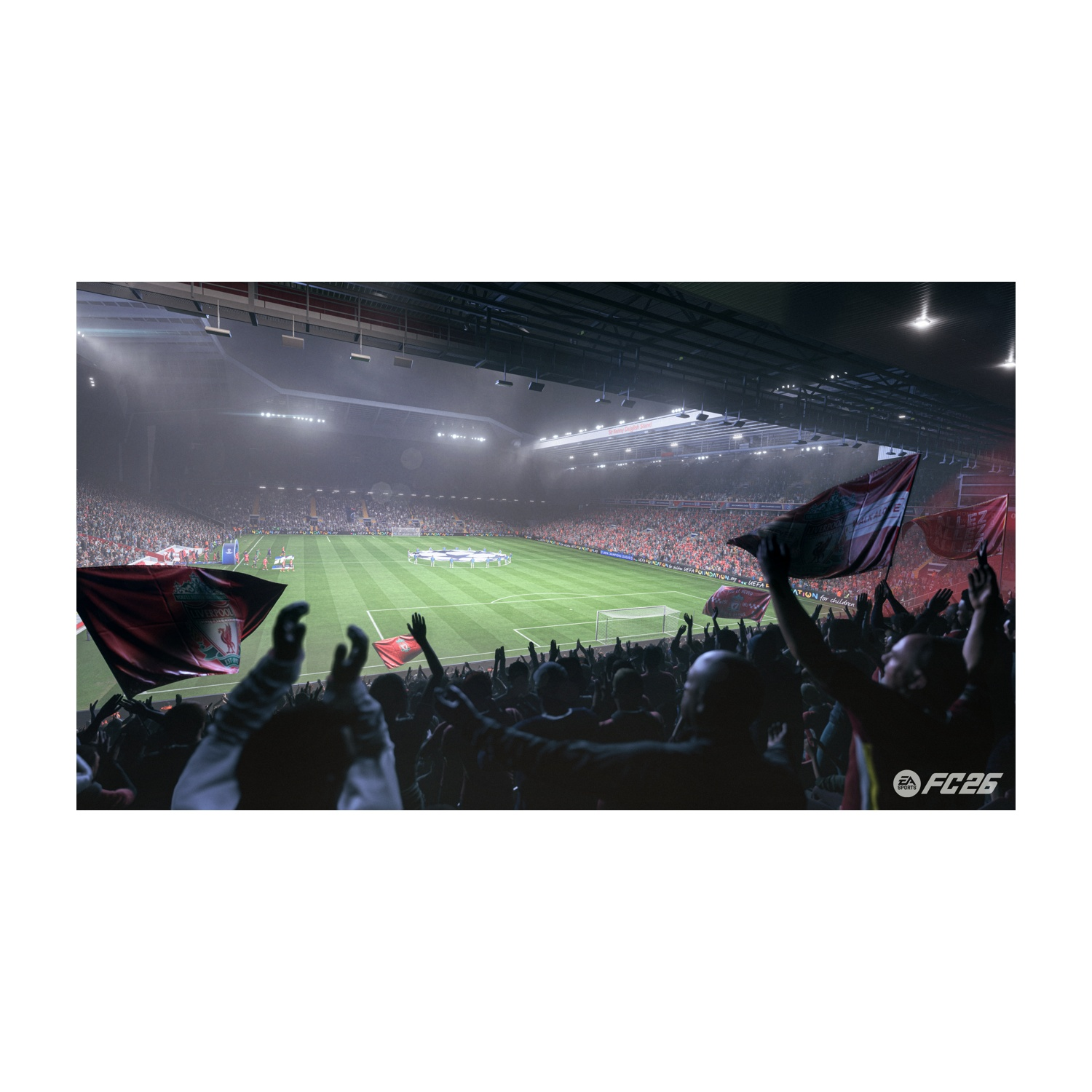 Uno stadio pieno di tifosi in festa. Sventolano bandiere del Liverpool. Una partita di calcio in corso. La scena è vivace.