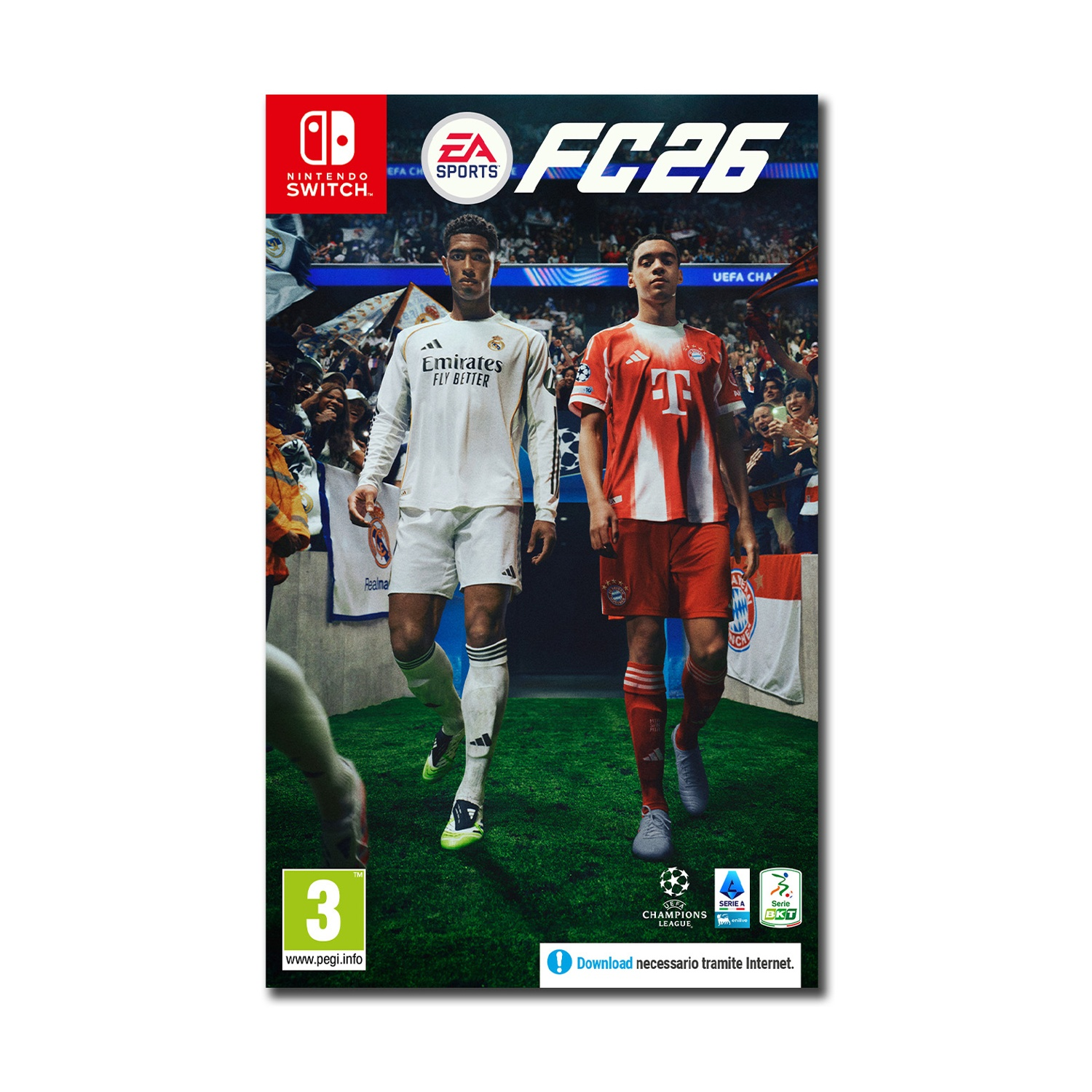 Copertina del gioco FC26 con due calciatori. Uno con maglia bianca del Real Madrid, l'altro con maglia rossa del Bayern Monaco, sfondo folla.