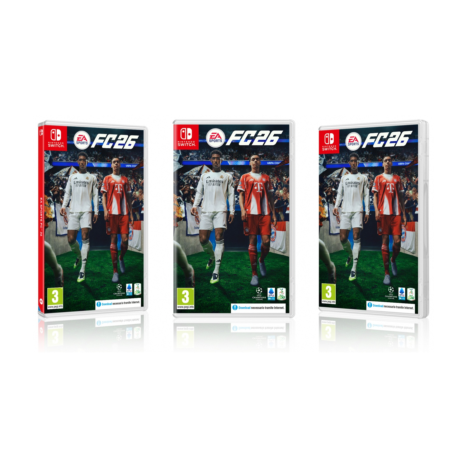 Tre custodie per giochi Nintendo Switch per FC26. Ogni custodia mostra calciatori con maglie bianche e rosse, con una folla sullo sfondo.
