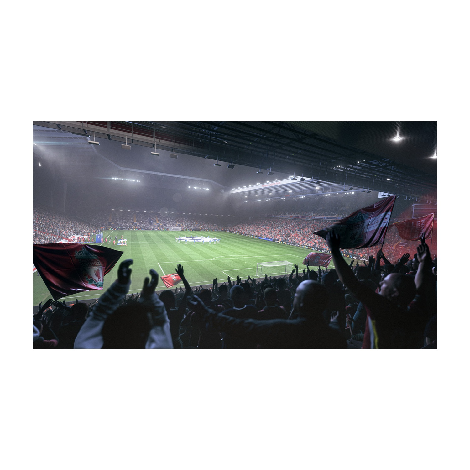 Uno stadio di calcio pieno di tifosi che applaudono con bandiere. Campo verde al centro, con luci dello stadio.