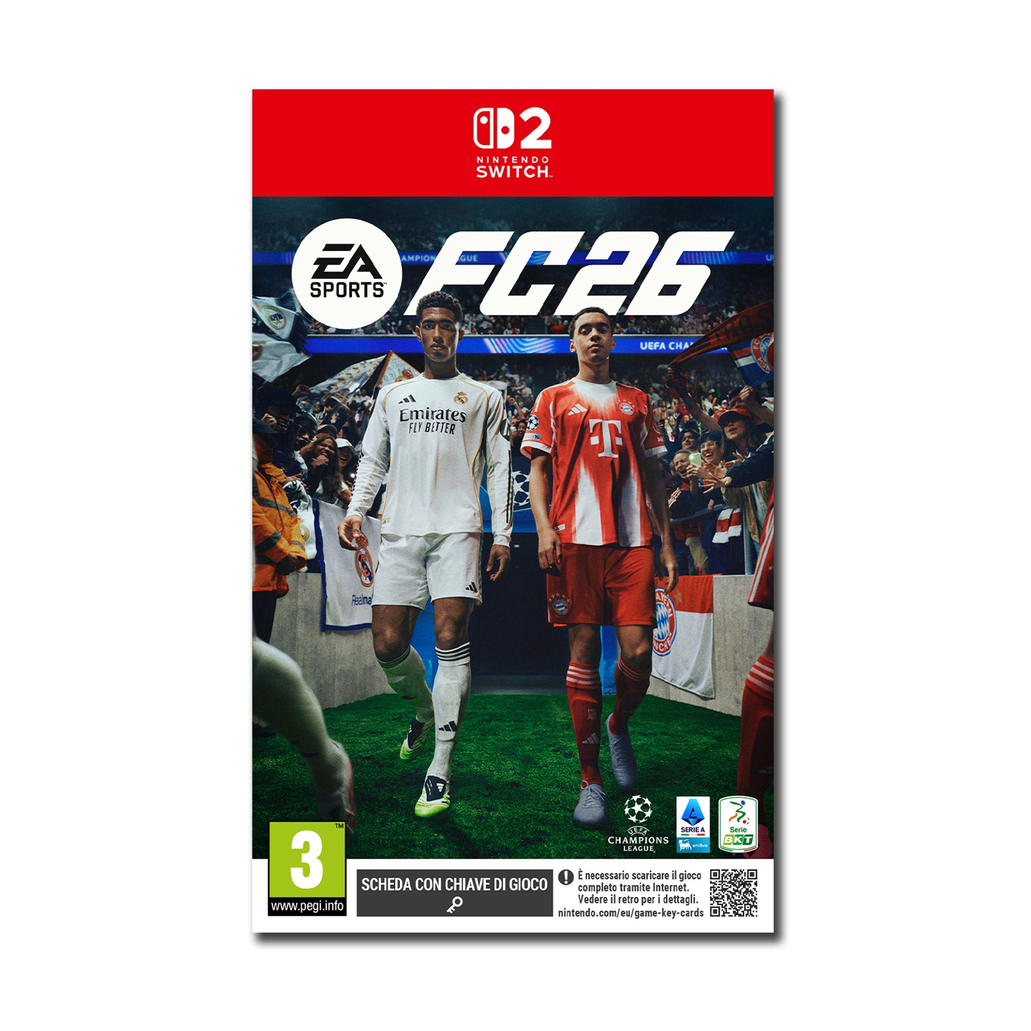 Copertina del gioco FC26. Due calciatori camminano verso lo spettatore. La copertina ha il logo Nintendo Switch e altri loghi del gioco.