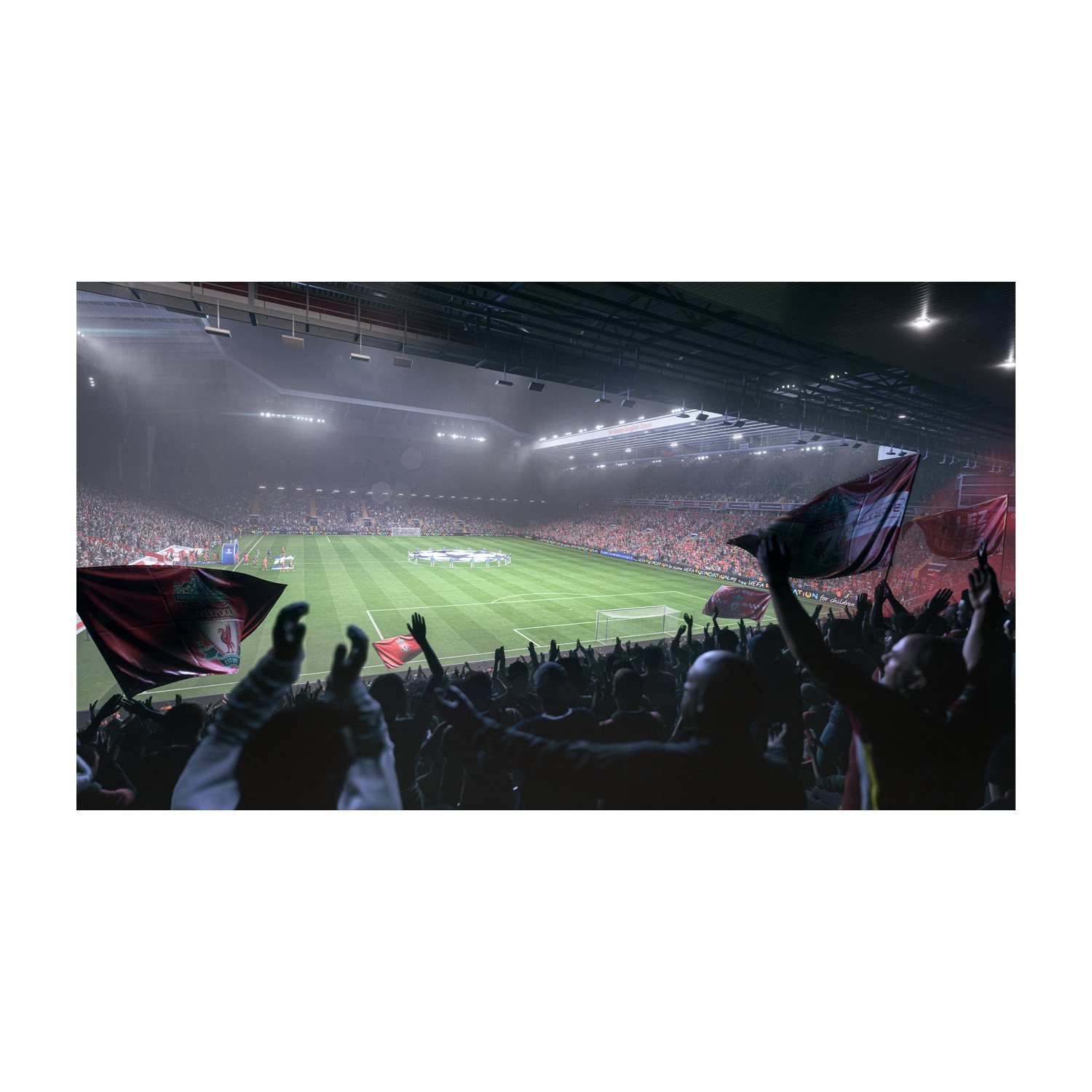 Uno stadio di calcio pieno di tifosi in festa. Bandiere alzate. Il campo è verde, illuminato dalle luci dello stadio. Liverpool FC.