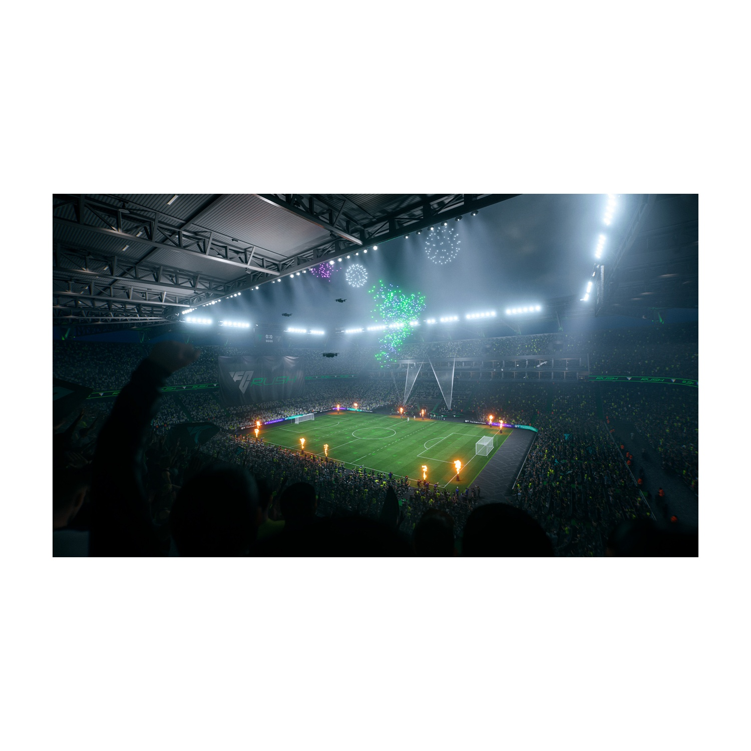 Uno stadio di calcio di notte. Fuochi d'artificio, torce e tifosi creano un'atmosfera vibrante. Il campo è verde, circondato da tribune piene.