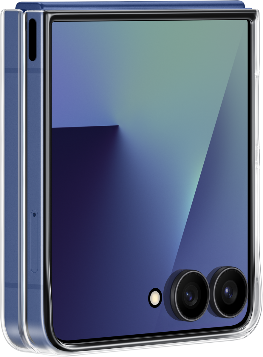 Telefono pieghevole, cornice blu, custodia trasparente. Lo schermo mostra un gradiente blu e verde. Doppie fotocamere e flash visibili.