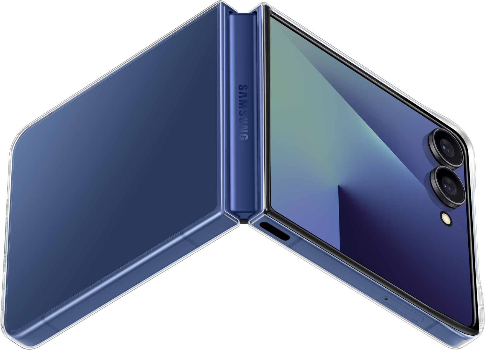 Un telefono pieghevole Samsung blu è aperto, con uno schermo sfumato. Il telefono è su sfondo nero.