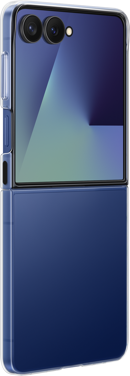 Uno smartphone blu piegato in una custodia trasparente. Ha due obiettivi e un flash.