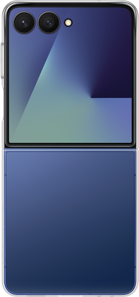 Un telefono pieghevole blu chiuso. Ha due fotocamere e un flash in alto. Lo schermo ha sfumature.