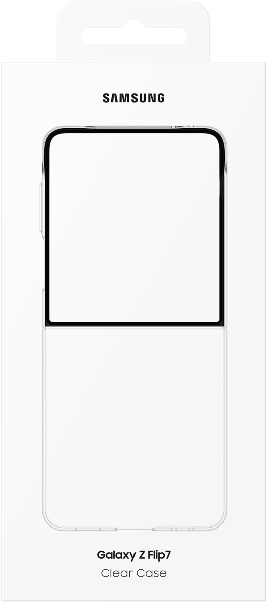 Una scatola bianca con il contorno nero di una custodia per telefono. Il logo Samsung è in alto e le informazioni del Galaxy Z Flip7 sotto.