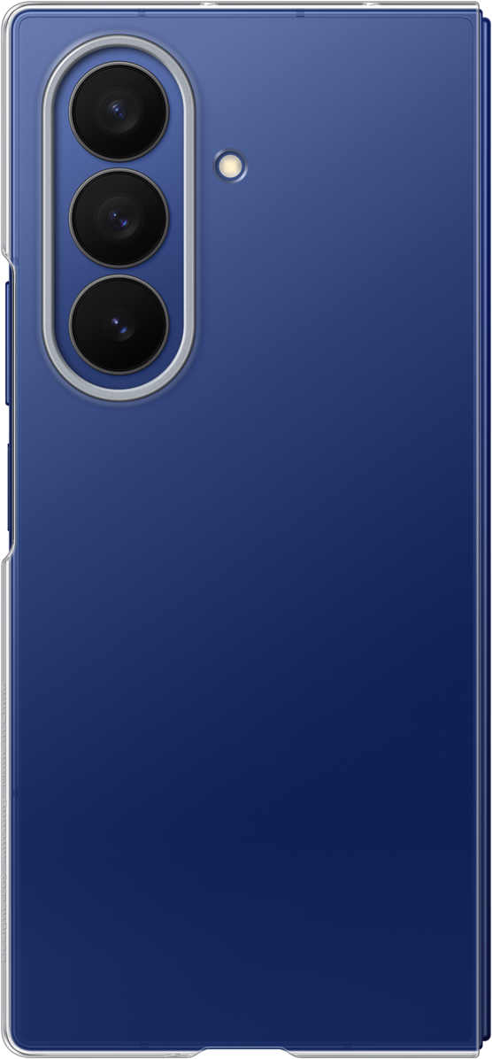 Retro di uno smartphone blu navy con tre fotocamere allineate verticalmente e un flash. Il telefono è in una custodia trasparente.