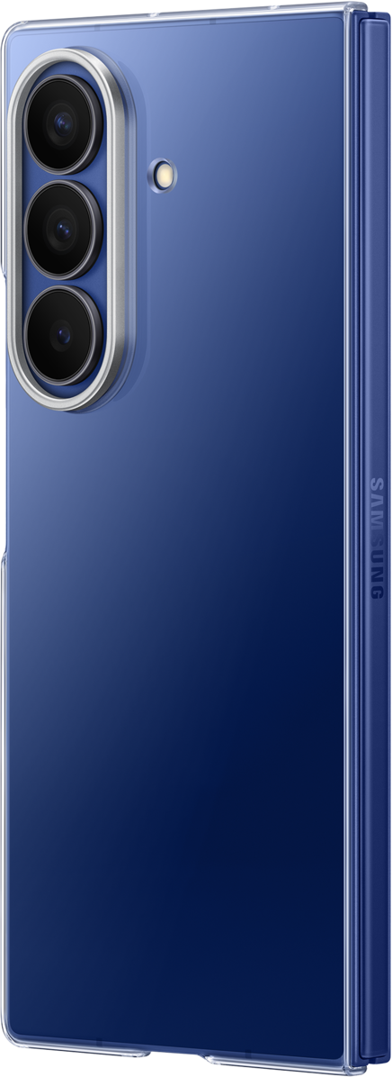 Retro di smartphone Samsung blu. Tre lenti della fotocamera, flash e logo Samsung visibili. Custodia trasparente.