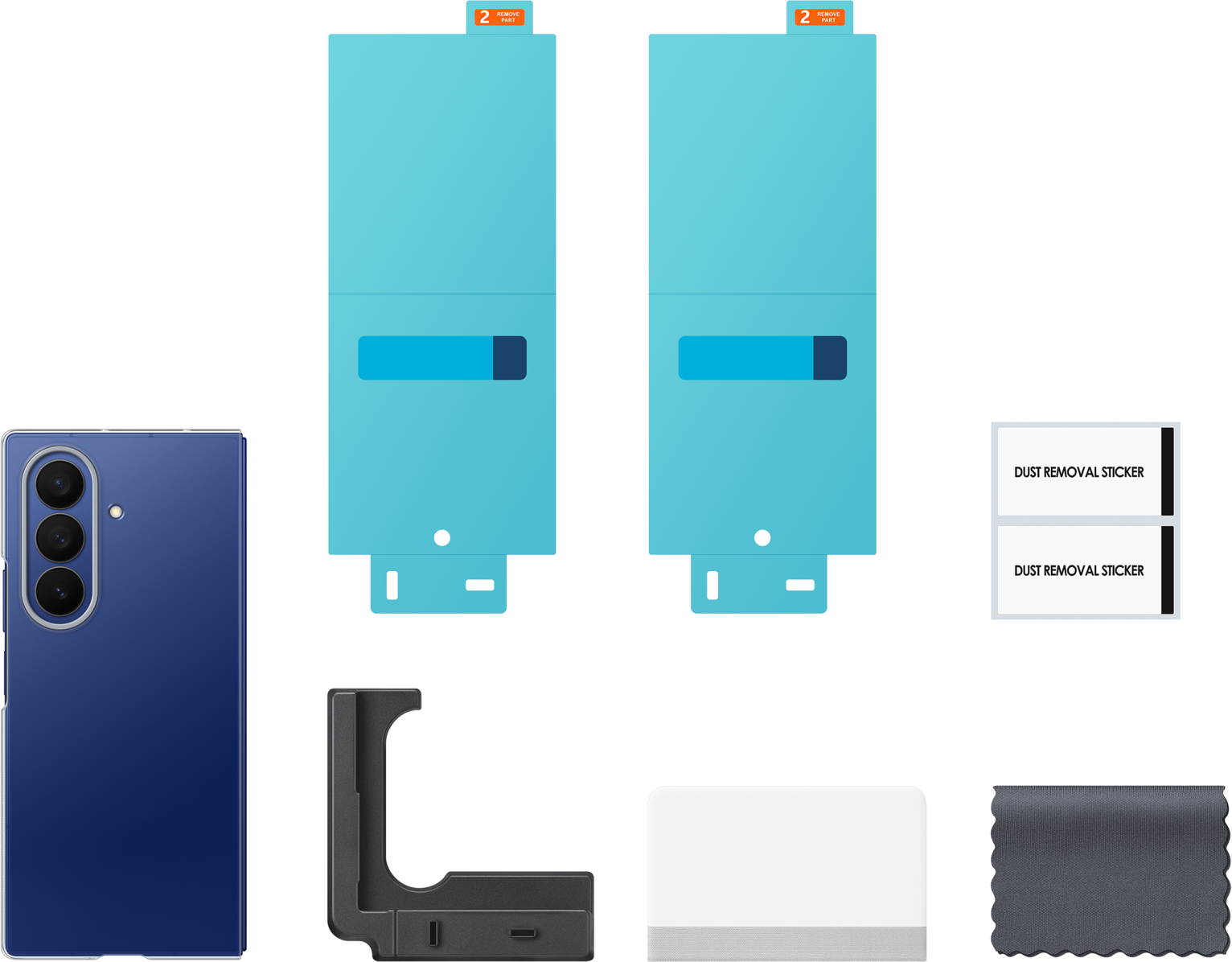 Telefono blu, due protezioni schermo, adesivi antipolvere, un supporto, una carta bianca e un panno grigio su sfondo nero.