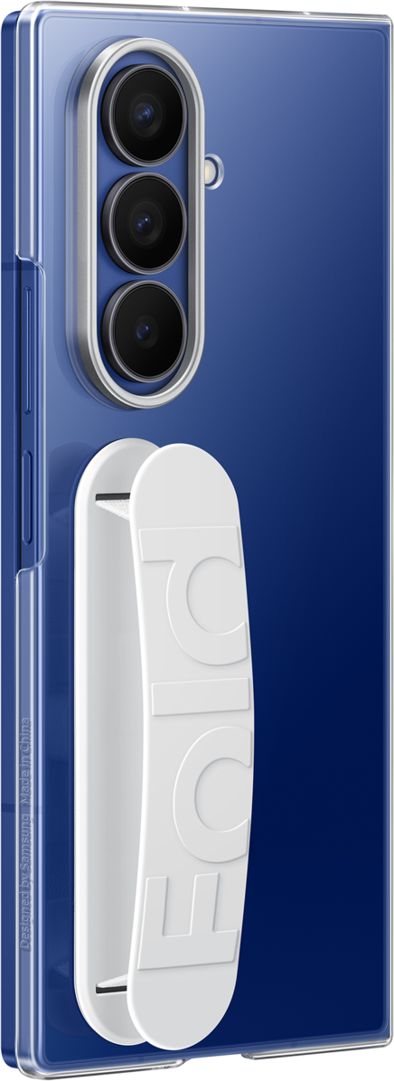 Ein blaues Telefon mit drei Kameras und einem weißen Telefonhalter wird gezeigt. Das Telefon befindet sich in einer durchsichtigen Hülle.