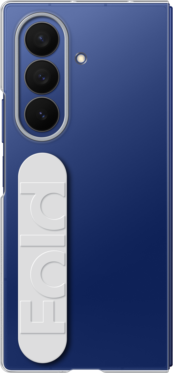 Blaue Telefonrückseite mit Kameras und einem weißen Griff mit der Aufschrift 'FETCH'.