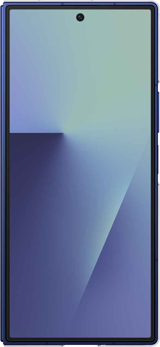 Smartphone mit Farbverlauf-Display. Der Bildschirm hat oben eine Kamera. Telefon in einer blauen Hülle.