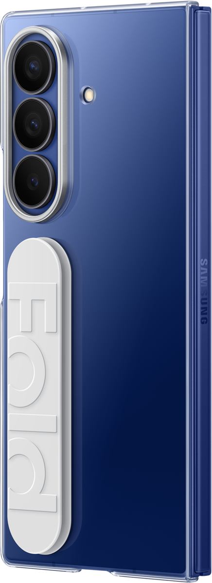 Ein blaues Samsung-Handy mit durchsichtiger Hülle, drei Kameralinsen und einem weißen Ständer mit den Buchstaben FCIO.