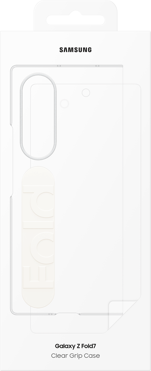 Eine weiße Samsung Galaxy Z Fold7 Clear Grip Case Verpackung. Die Hülle ist durchsichtig, die Verpackung hat eine Aussparung zum Aufhängen.