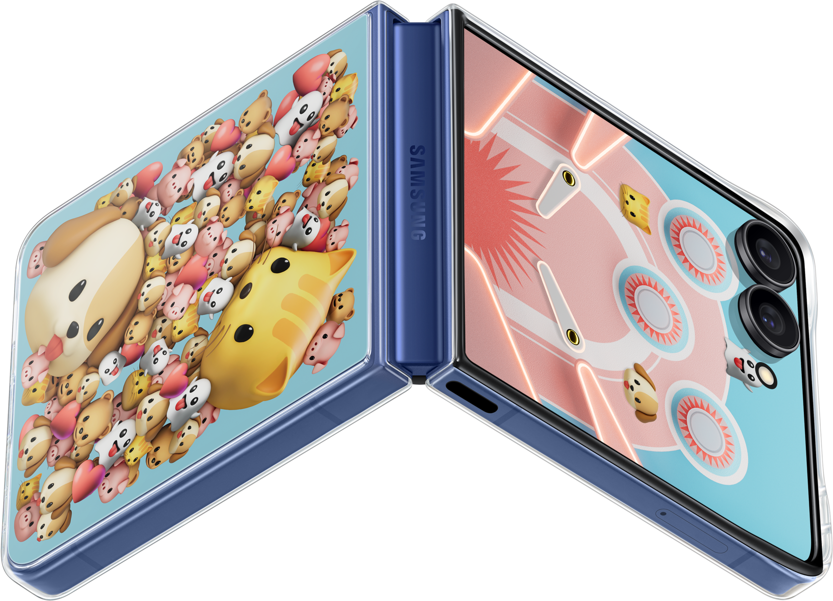 Un telefono pieghevole Samsung blu è aperto. Un lato ha animali dei cartoni animati, l'altro un design a flipper.