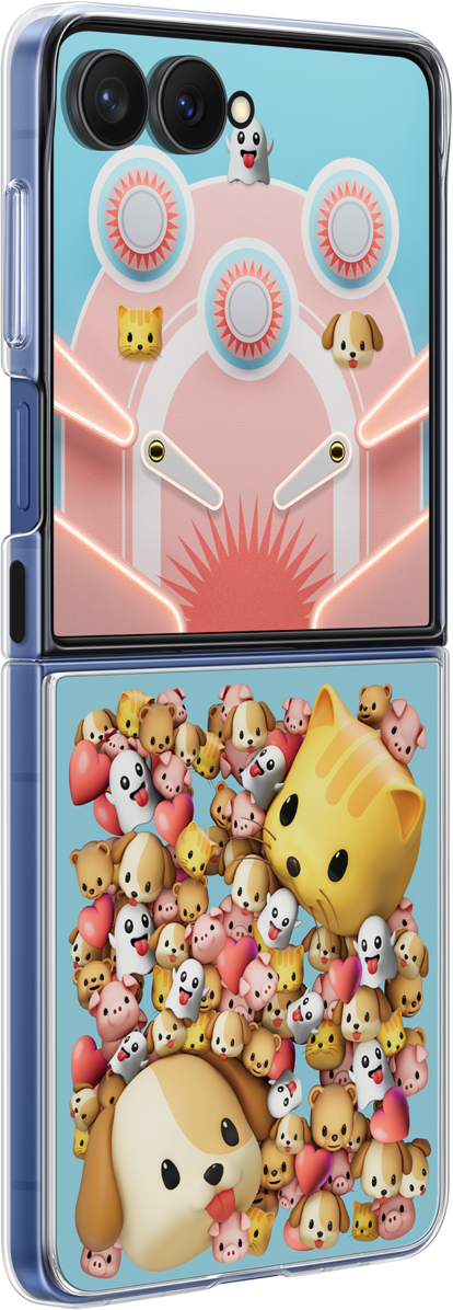 Una custodia per telefono con un design di flipper a cartoni animati sulla parte superiore ed emoji di animali carini nella parte inferiore.