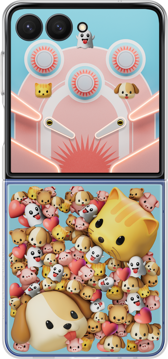 Custodia del telefono con un design di flipper in alto e una folla di animali dei cartoni animati in basso. Include gatti, cani, fantasmi e cuori.